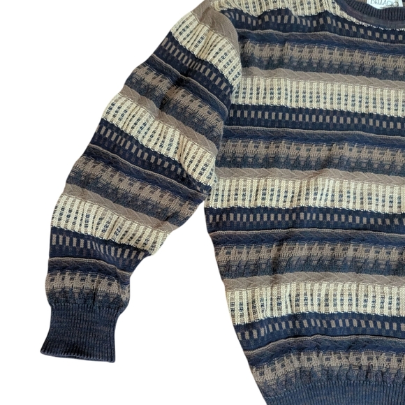 Vtg 3d Cosby Cotton Crewneck Textured Patterned Stripes Brown Neutral Sz L - Picture 4 of 12